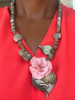 Vintage Green and Pink Floral Necklace